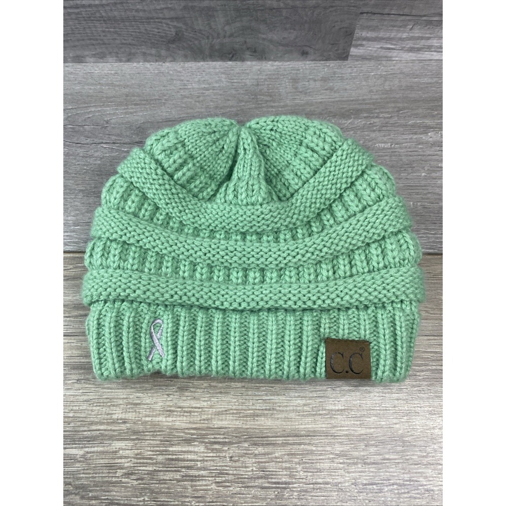 C.C Beanie Knit Hat Women OS Mint Green Excellent Awareness Ribbon Ponytail Hole
